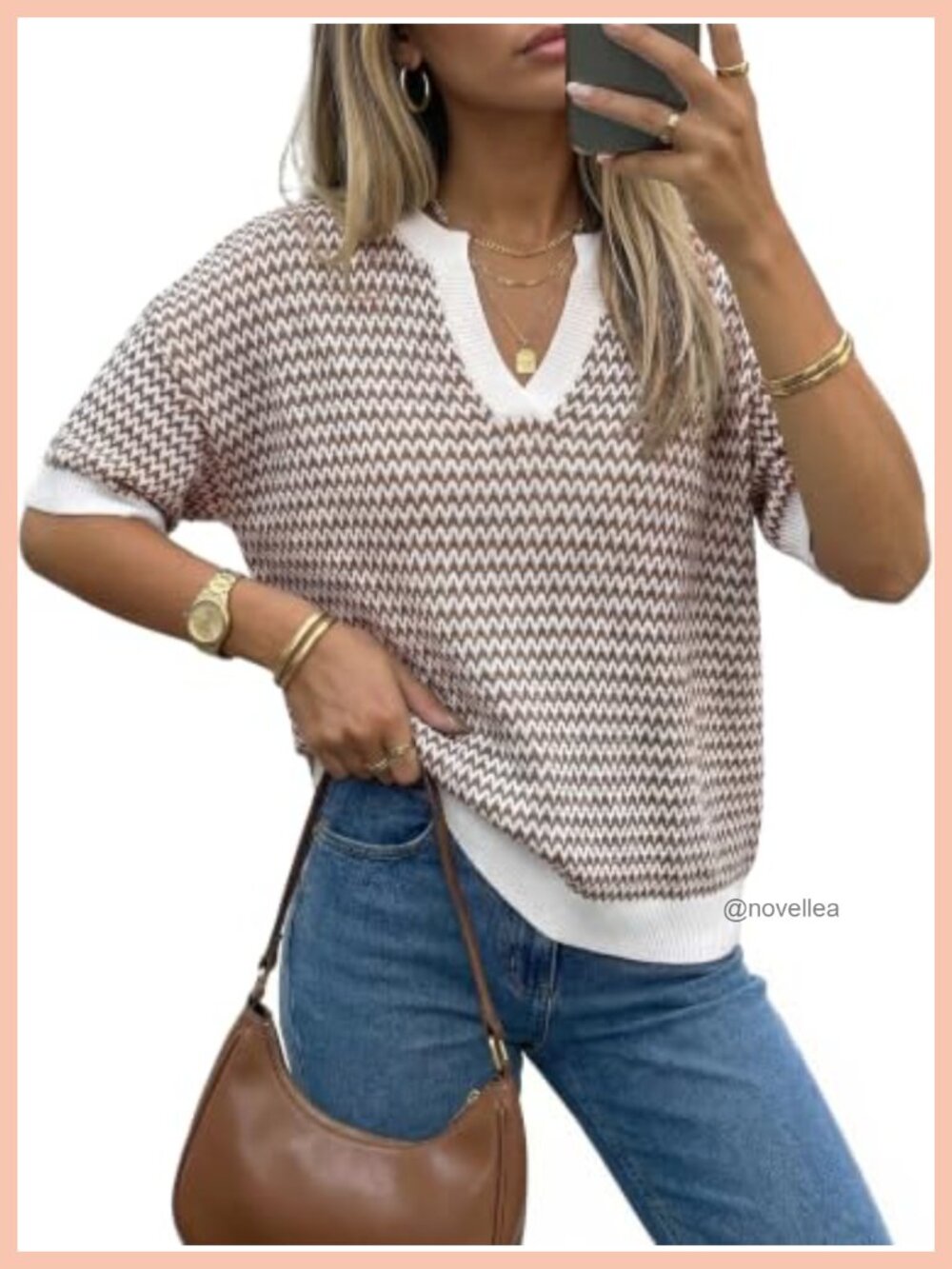 Women's Striped Short Sleeve Cotton Pullover Sweater V-Neck